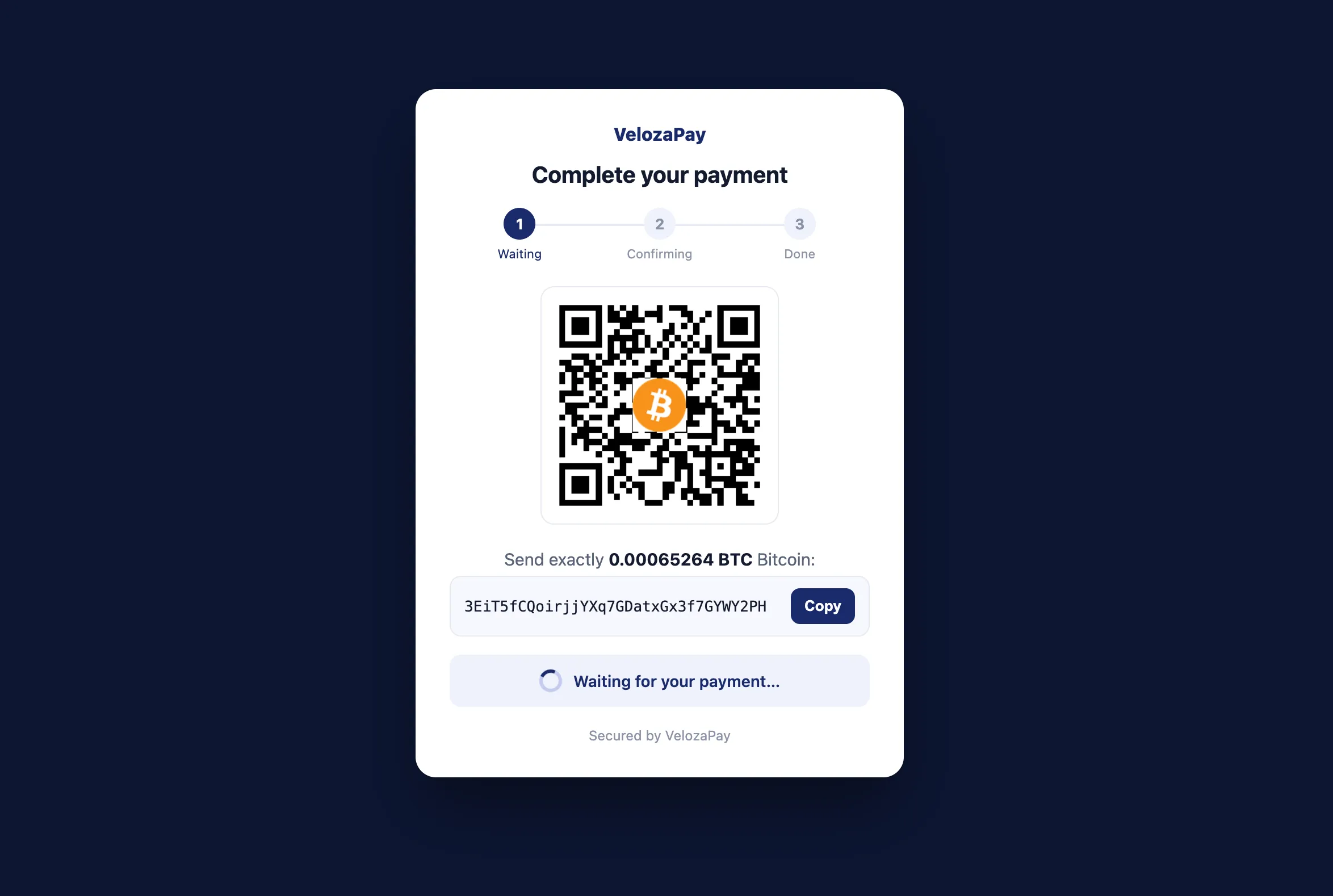 The VelozaPay crypto payment page on a merchant store — QR code, wallet address and a live payment status