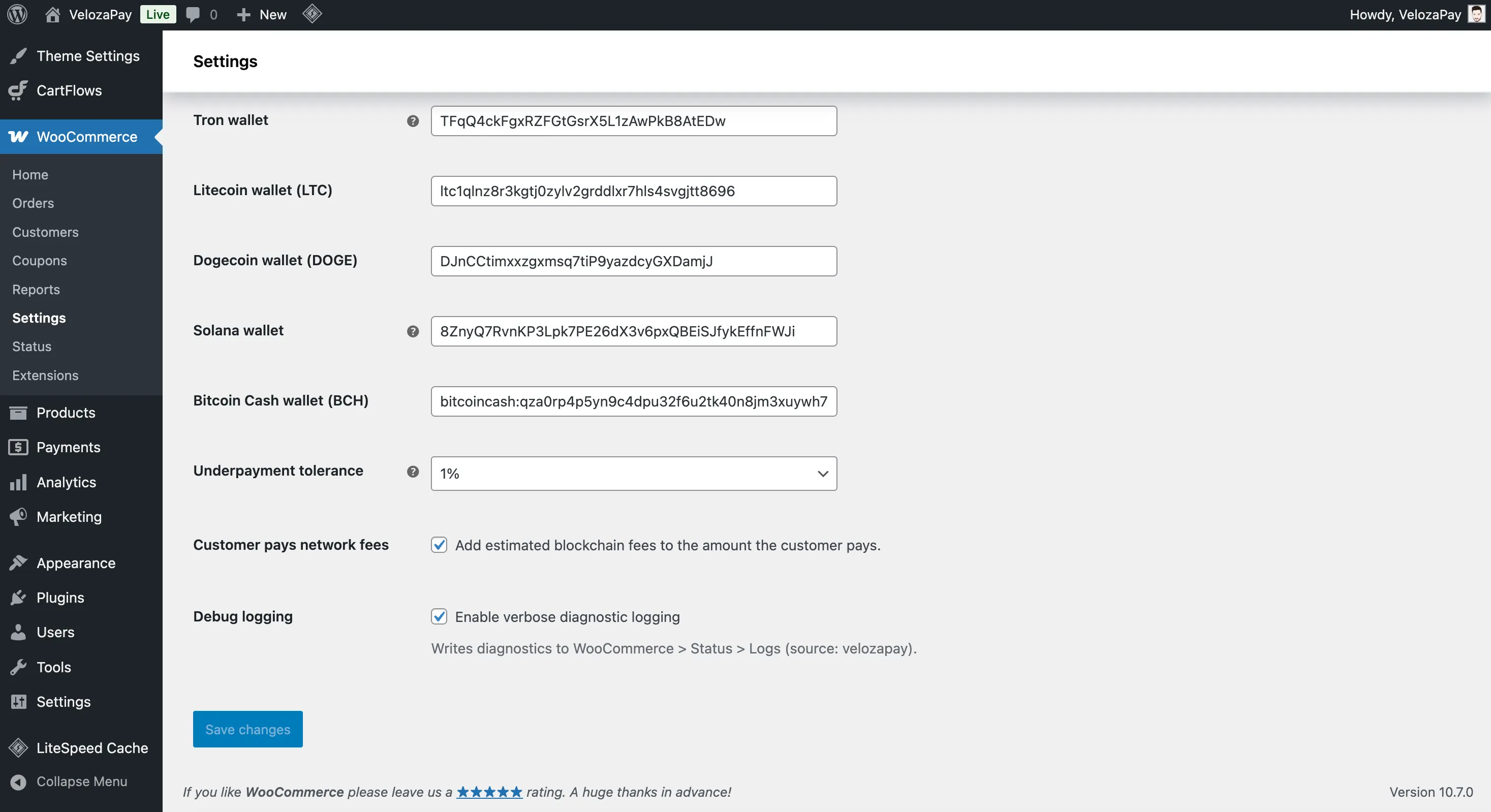 The VelozaPay settings screen with a crypto payout wallet address