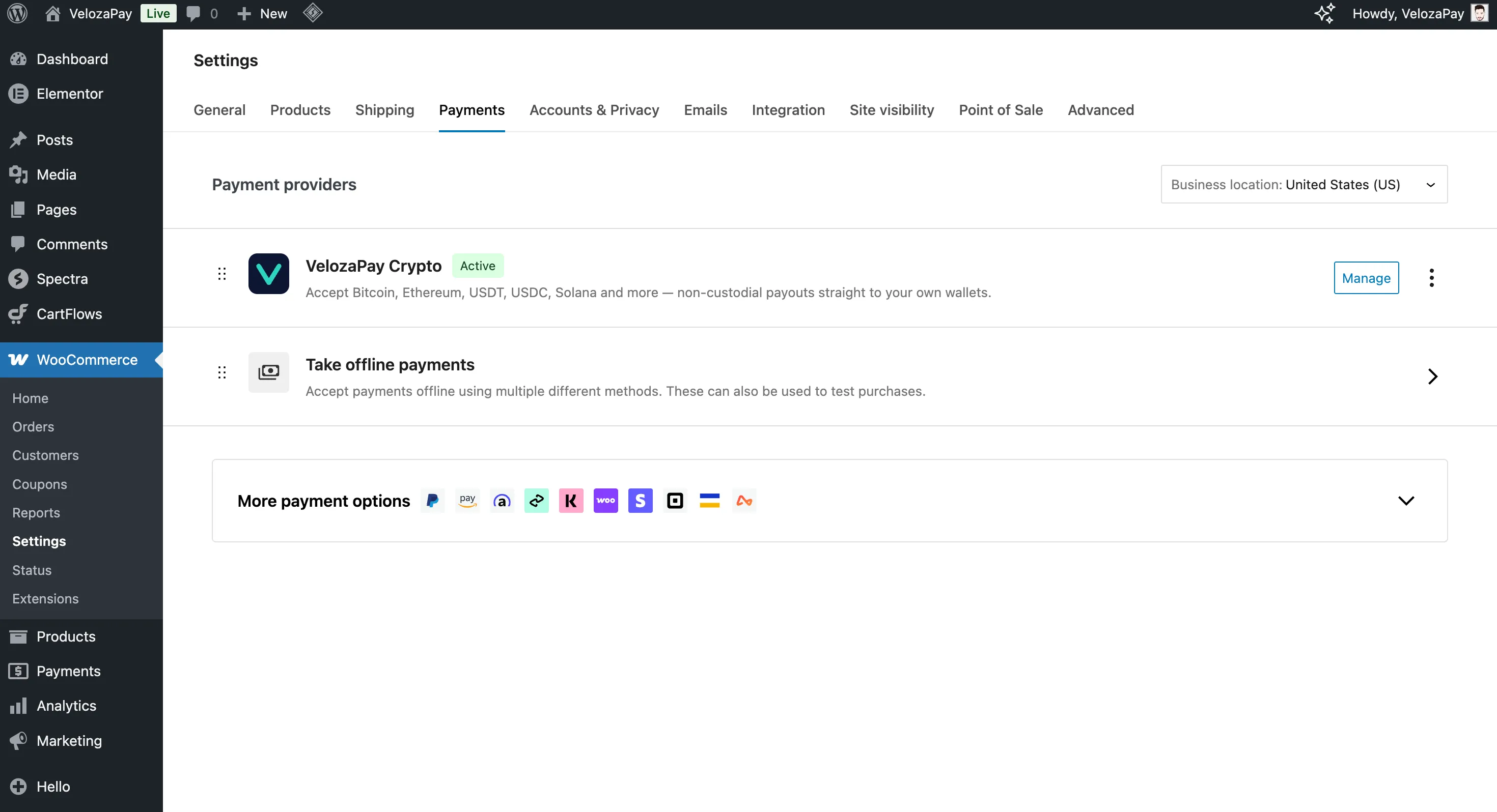 VelozaPay Crypto shown in the WooCommerce payment providers list